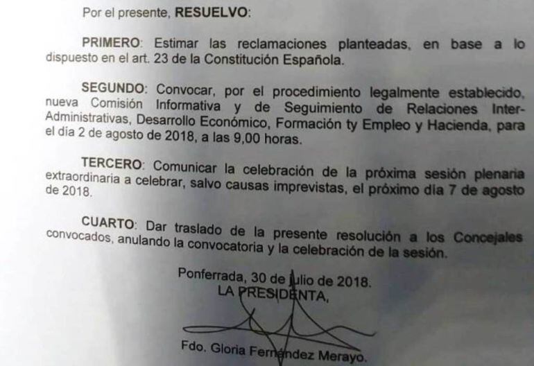 Resolución de la presidenta de la comisión de Hacienda y alcaldesa, Gloria Fernández Merayo