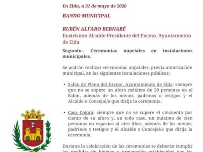 Bando del alcalde de Elda, por la Fase 2