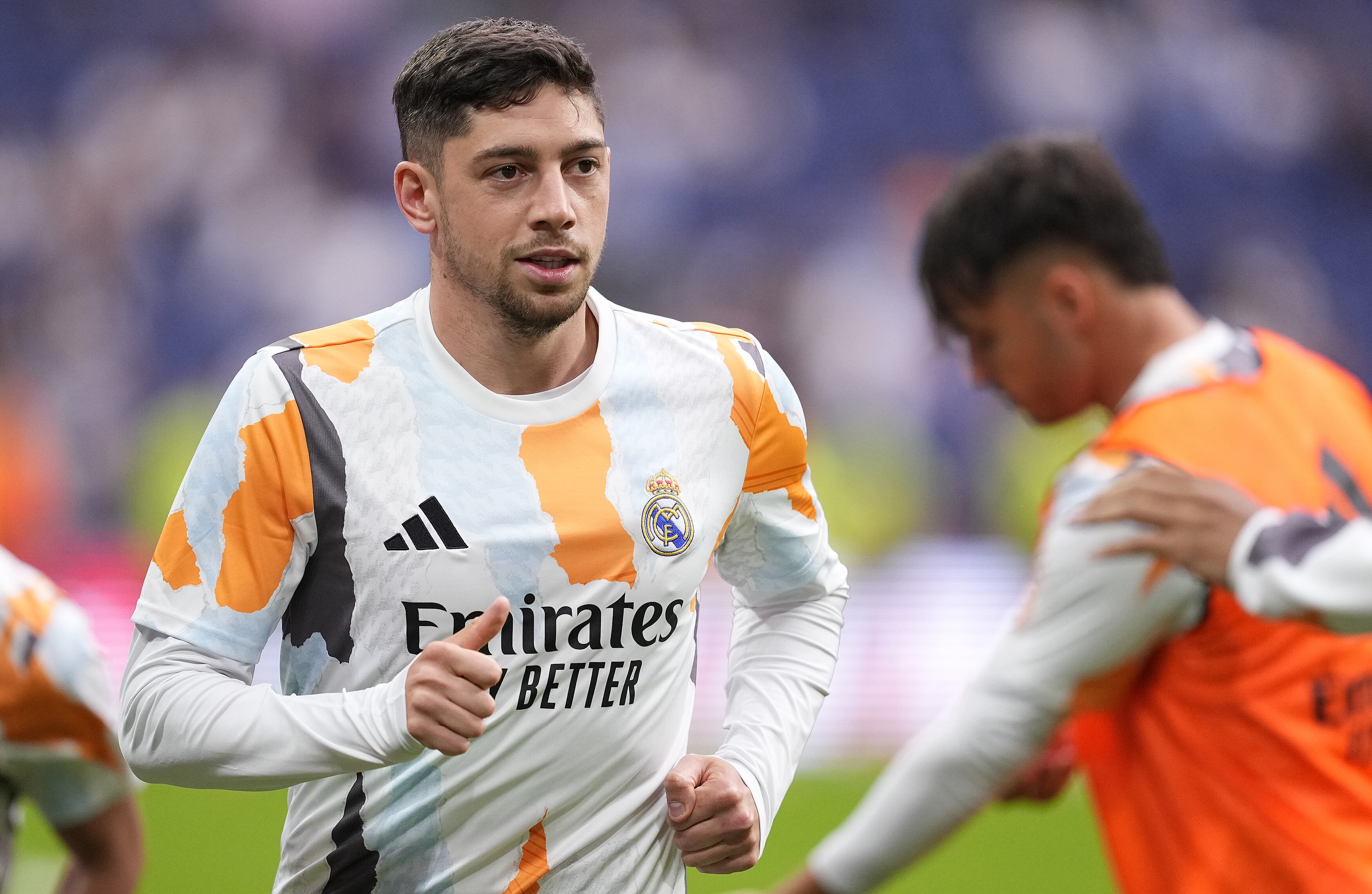 Fede Valverde, durante el calentamiento del partido ante la Real Sociedad