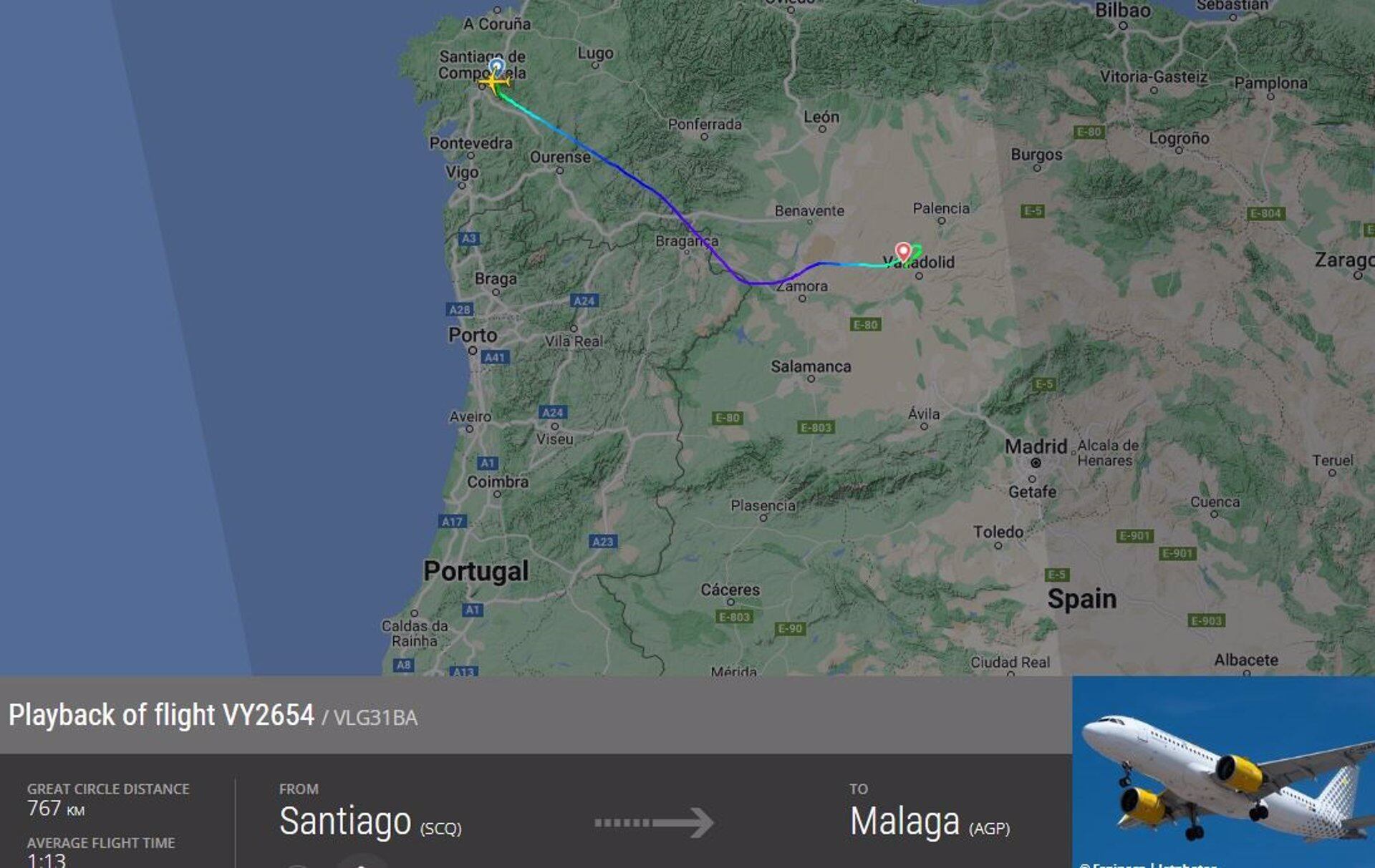 Ruta del vuelo Santiago-Málaga que tuvo que desviarse a Valladolid