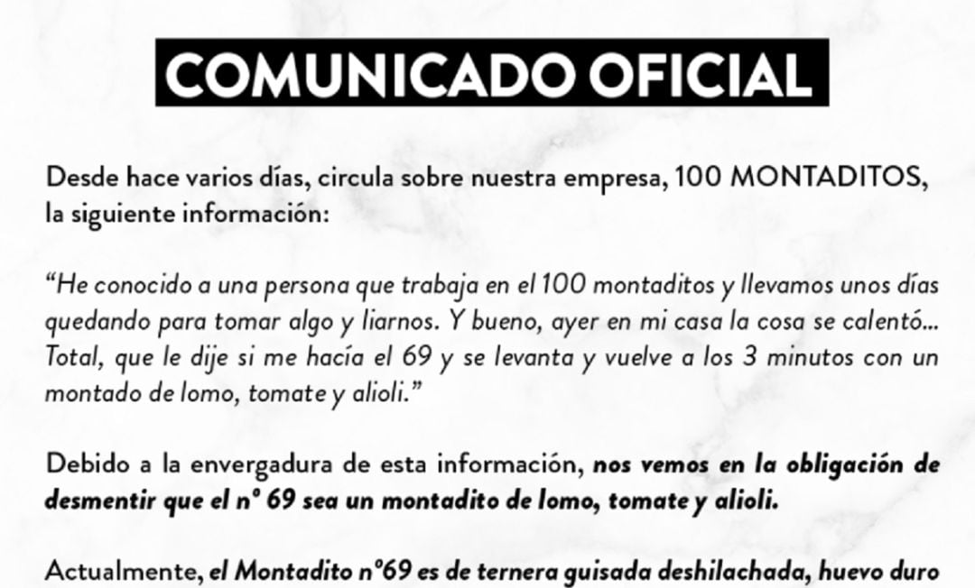 El comunicado oficial de 100 Montaditos.