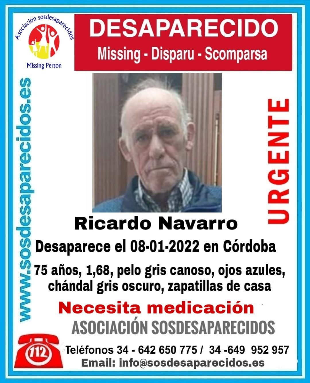 Cartel de SOS Desaparecidos con la búsqueda de Ricardo Navarro.