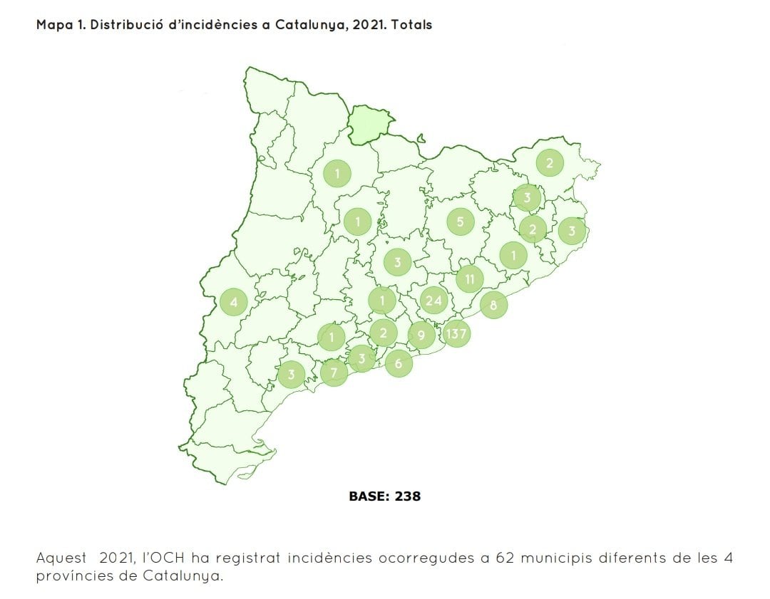 Dades d&#039;incidències registrades per l&#039;Observatori Contra l&#039;Homofòbia per comarques al 2021 - OCH