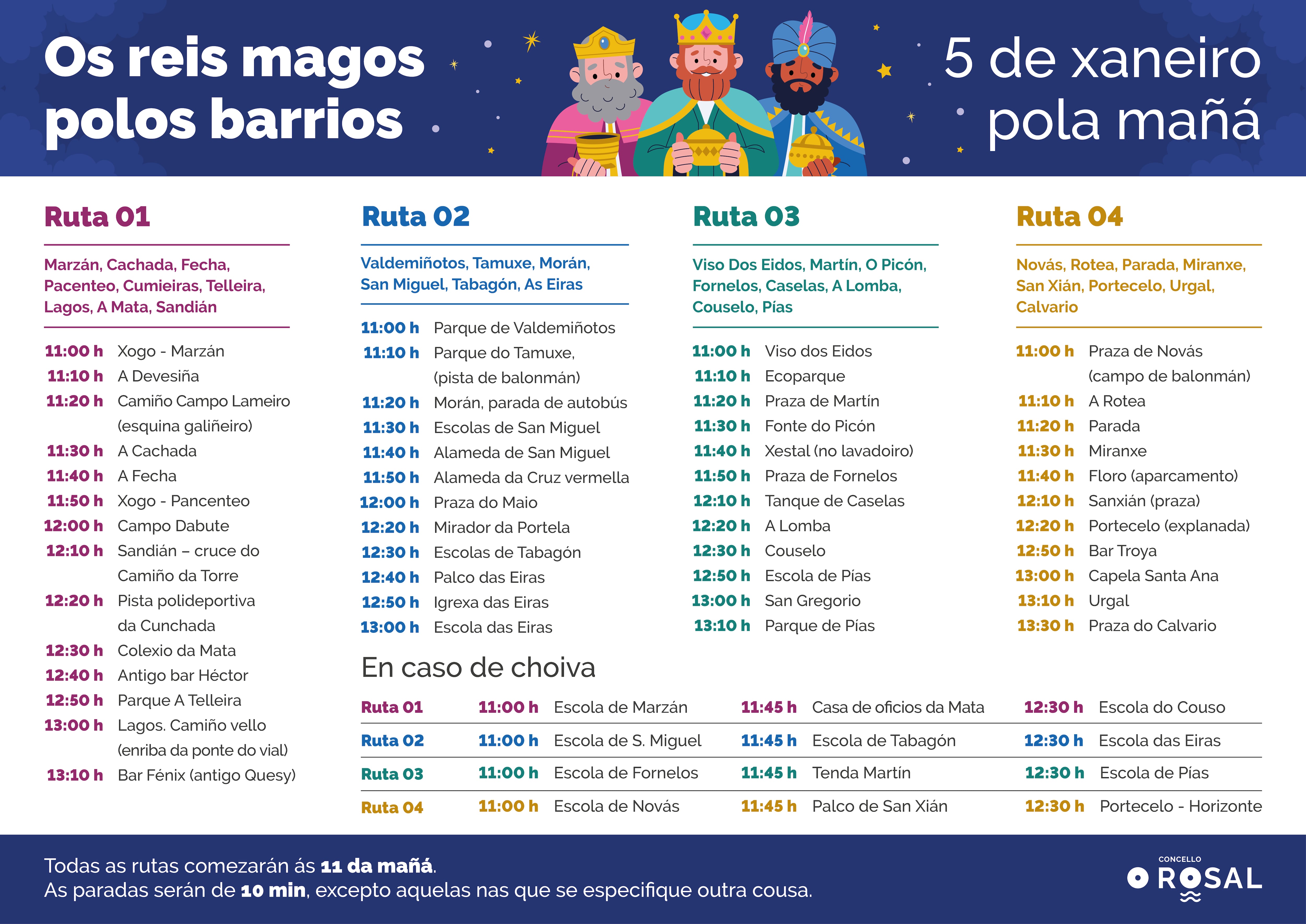 Recorrido que harán los Reyes Magos por O Rosal el 5 de enero por la mañana