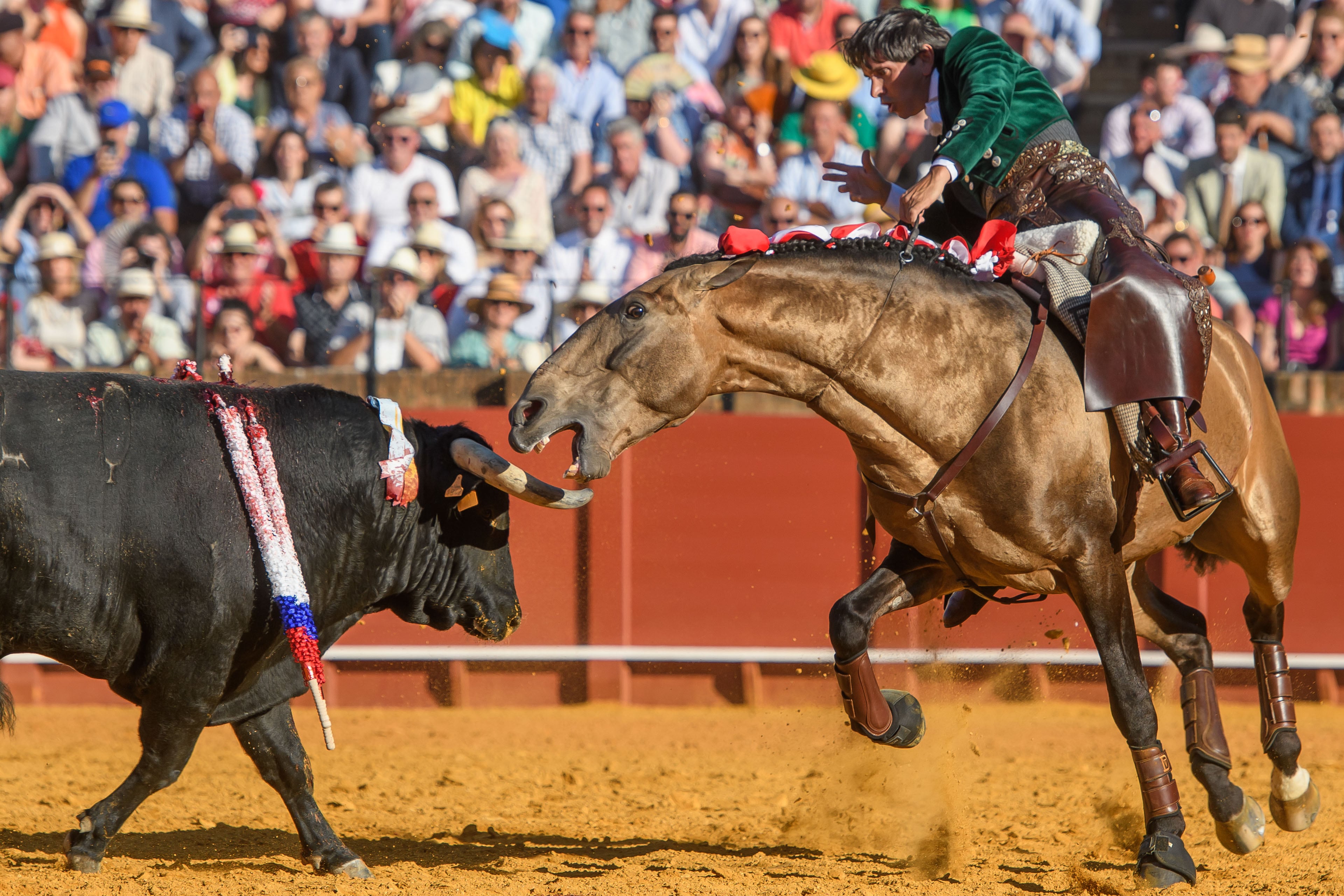 SEVILLA. 23/04/2023. - El rejoneador portugués Diego Ventura en su faena durante la corrida de rejones celebrada hoy domingo en la Plaza de la Maestranza de Sevilla. EFE/ Raúl Caro.
