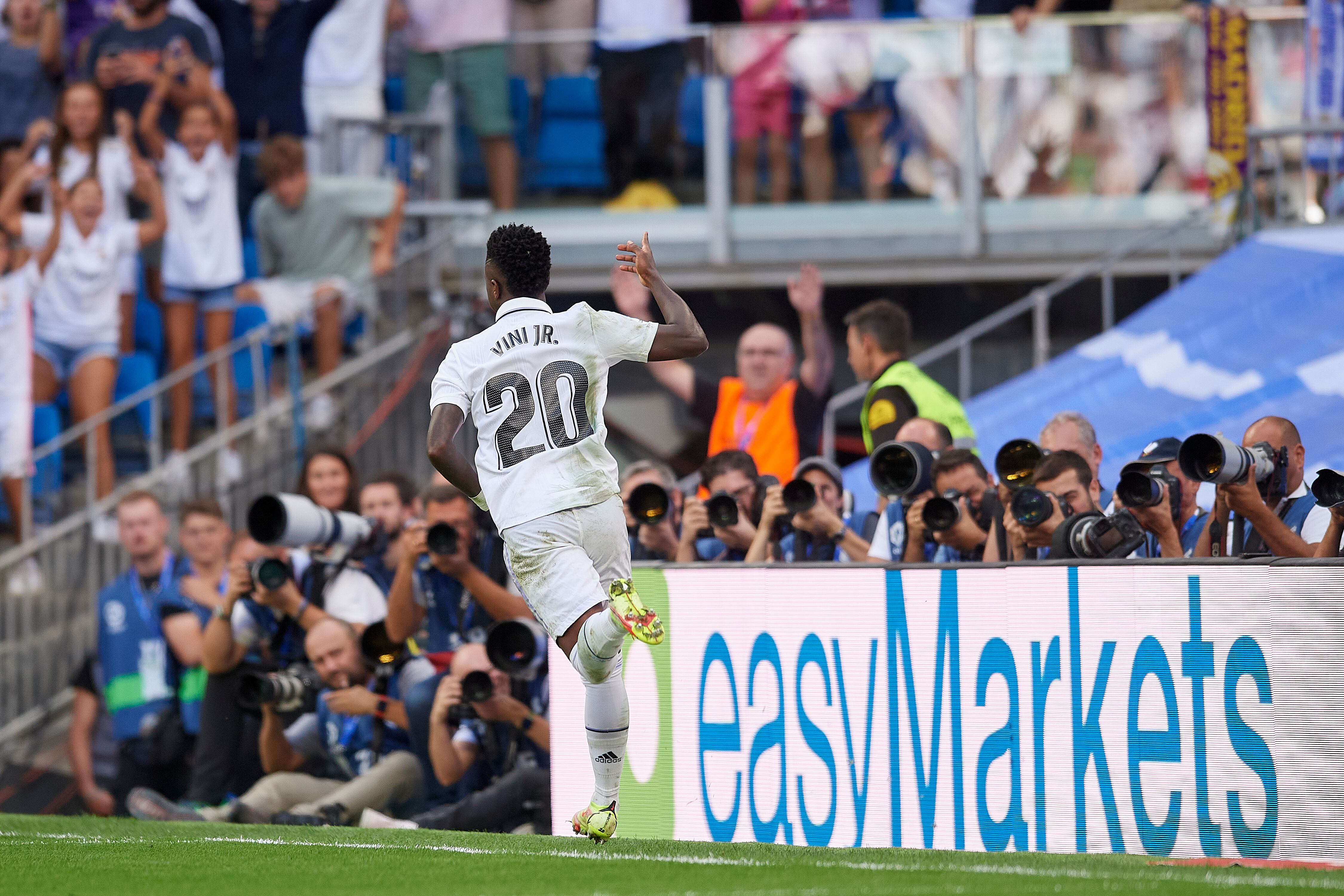 Vinicius Junior left winger of Real Madrid and Brazil celebrates after scoring his sides first goal during the La Liga Santander match between Real Madrid CF and RCD Mallorca at Estadio Santiago Bernabeu on September 11, 2022 in Madrid, Spain. (Photo by Jose Breton/Pics Action/NurPhoto via Getty Images)