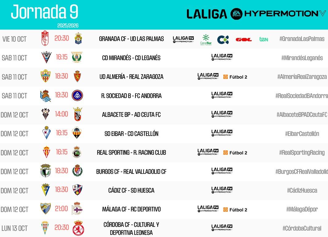 Horarios de LaLiga Hypermotion Jornada 9