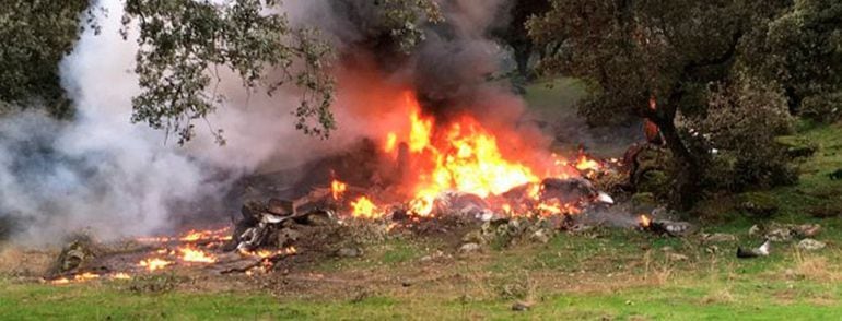 Estado de la avioneta tras el accidente en un paraje de Sotillo de las Palomas (Toledo)