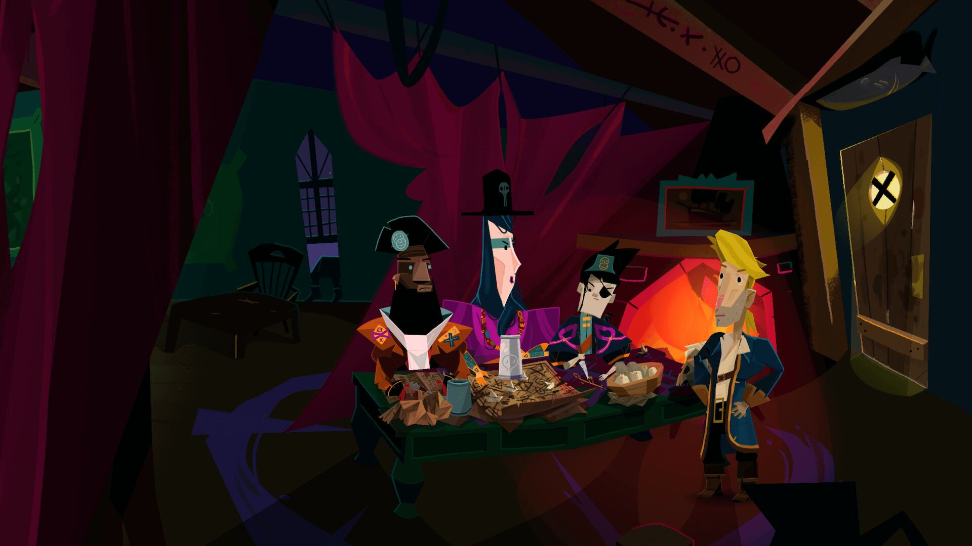 Guybrush Treepwood con los líderes piratas de Melee Island