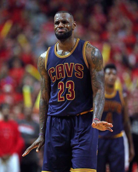 CHICAGO, IL - MAY 10: LeBron James #23 of the Cleveland Cavaliers reacts after being called for a foul against the Chicago Bulls in Game Four of the Eastern Conference Semifinals of the 2015 NBA Playoffs at the United Center on May 10, 2015 in Chicago, Il