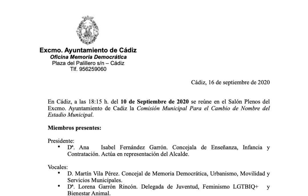 Primera página del acta de la reunión de la comisión municipal