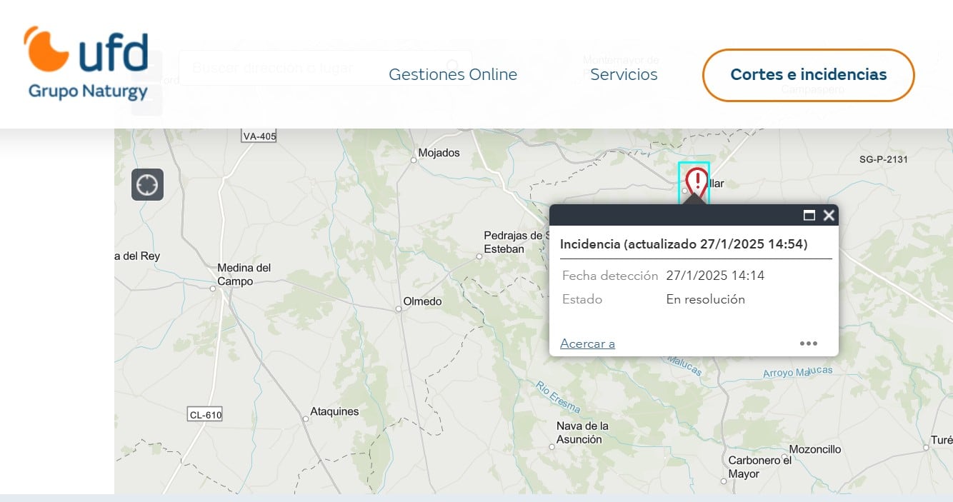 Mapa de averías de UFD Naturgy que recoge la última avería registrada en Cuéllar