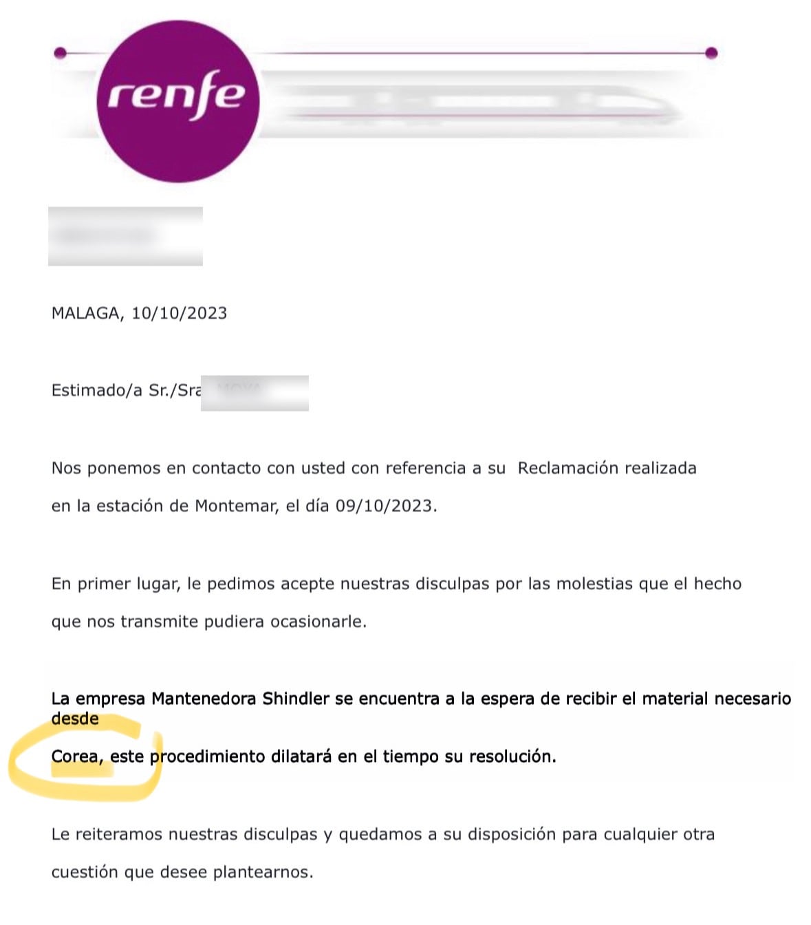 La respuesta de Renfe a la queja que interpuso Francisco Moya por la escalera mecánica fuera de servicio en Málaga