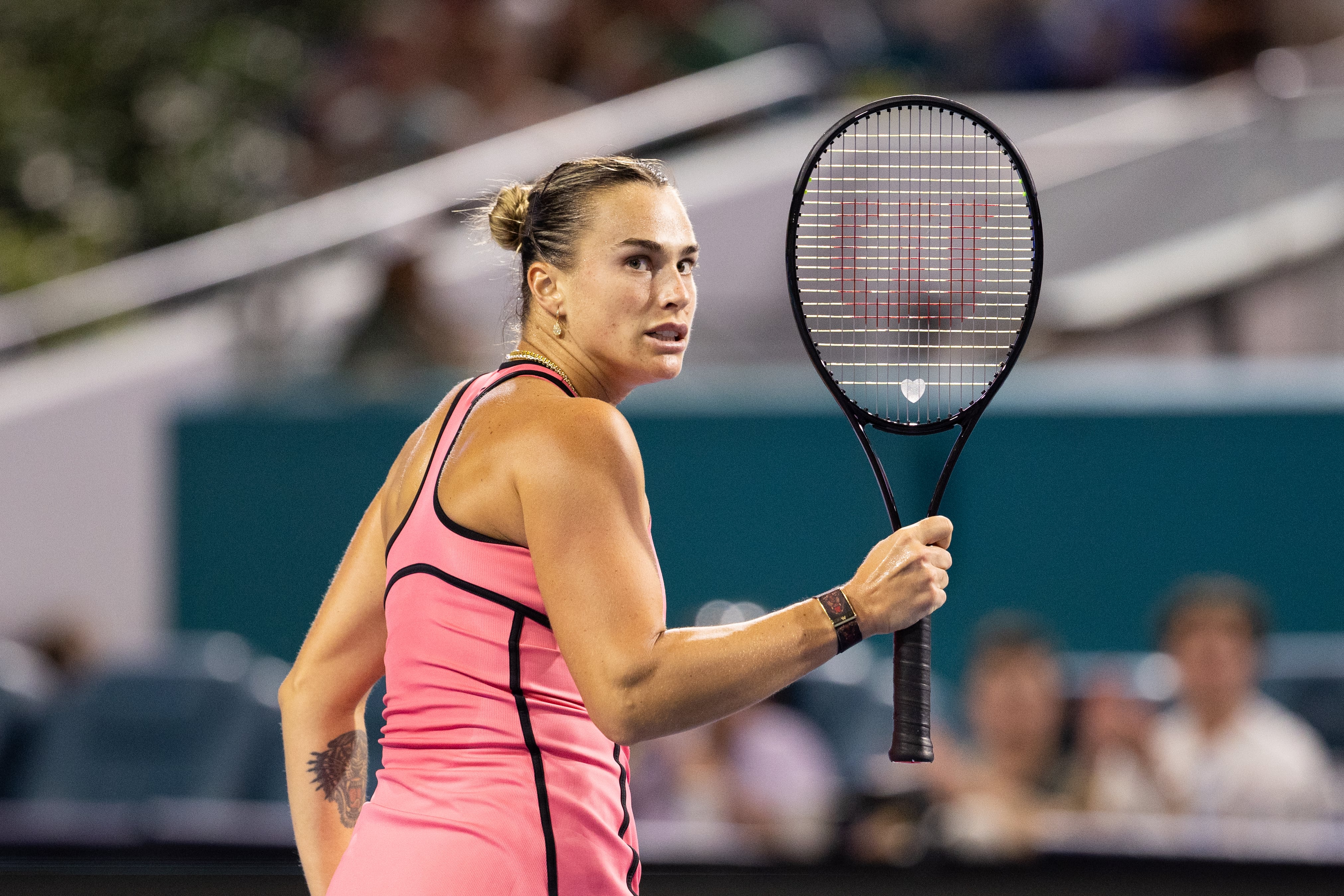 Aryna Sabalenka pumps a fist during her quarterfinal match against Elena Rybakina of Kazakhstan on Day 10 of the Miami Open at Hard Rock Stadium in Miami Gardens, Florida, on March 26, 2026. (Photo by Mauricio Paiz/NurPhoto via Getty Images)