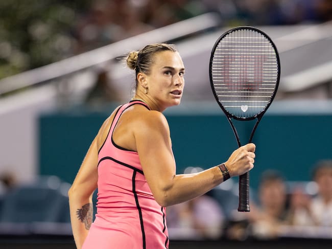 Aryna Sabalenka pumps a fist during her quarterfinal match against Elena Rybakina of Kazakhstan on Day 10 of the Miami Open at Hard Rock Stadium in Miami Gardens, Florida, on March 26, 2026. (Photo by Mauricio Paiz/NurPhoto via Getty Images)