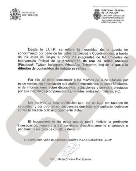 Circular interna de la prohibición de la difusión de la actividad policial en redes sociales.