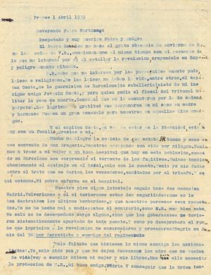 Carta de Gonzalo de Reparaz que data de 1939 y en el que expresa el miedo a perder los libros y archivos que había dejado en su casa