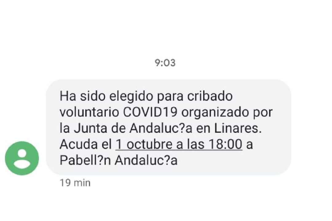 SMS enviado a uno de los linarenses seleccionados para el cribado poblacional.