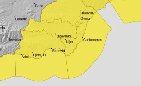 Mapa del aviso amarillo de la Aemet para Almería.