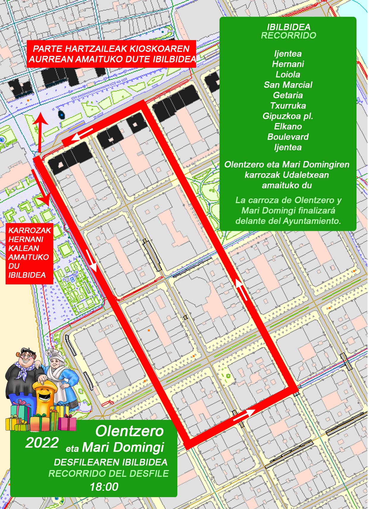 Recorrido que realizarán Olentzero y Mari Domingi por San Sebastián