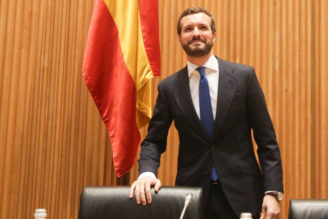 El presidente del Partido Popular, Pablo Casado preside la reunión de los diputados y senadores electos en el Congreso de los Diputados, en Madrid, a 2 de diciembre de 2019. 