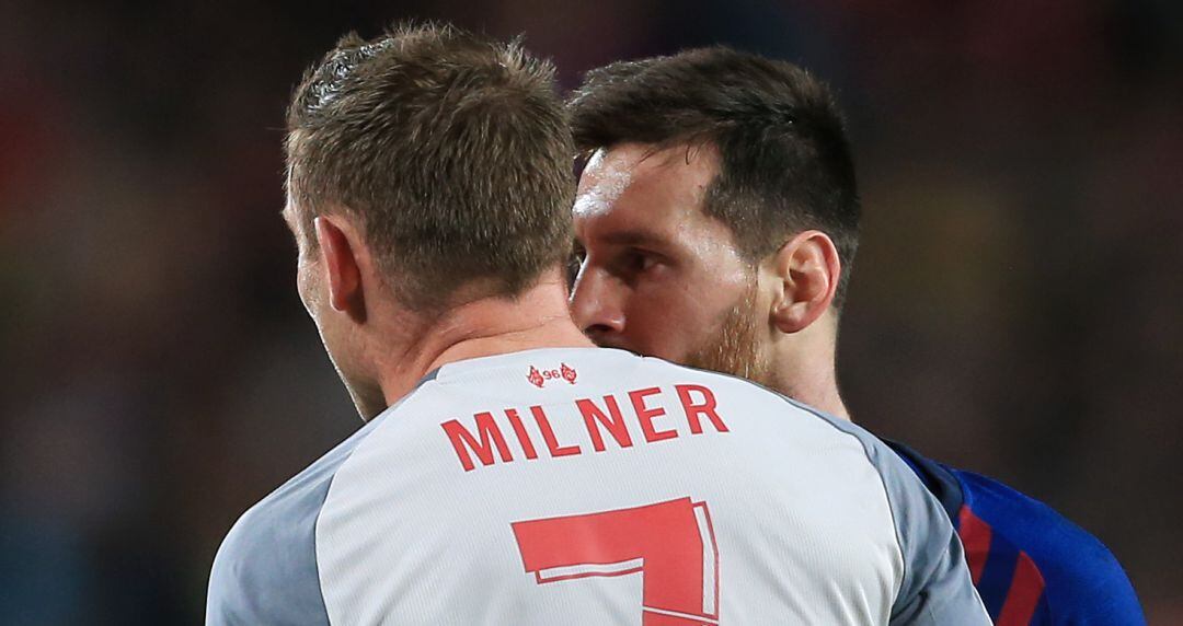 Messi y Milner, durante el partido del Camp Nou de semifinales de la Champions