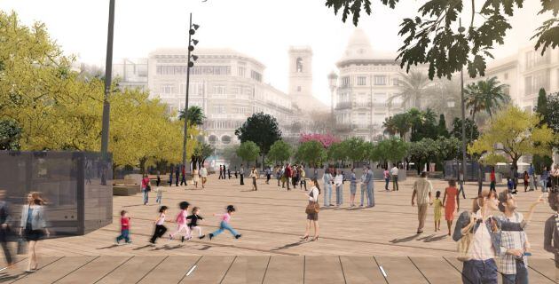 Figuración de la futura plaza de la Reina vista desde la "puerta de los hierros" de la Catedral