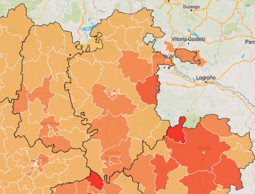 Mapa de afectación del coronavirus por zonas de salud