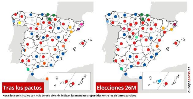 Comparativa de cómo han quedado las alcaldías tras la constitución de los ayuntamientos y de cuáles fueron los partidos más votados en cada capital de provincia el 26 de mayo