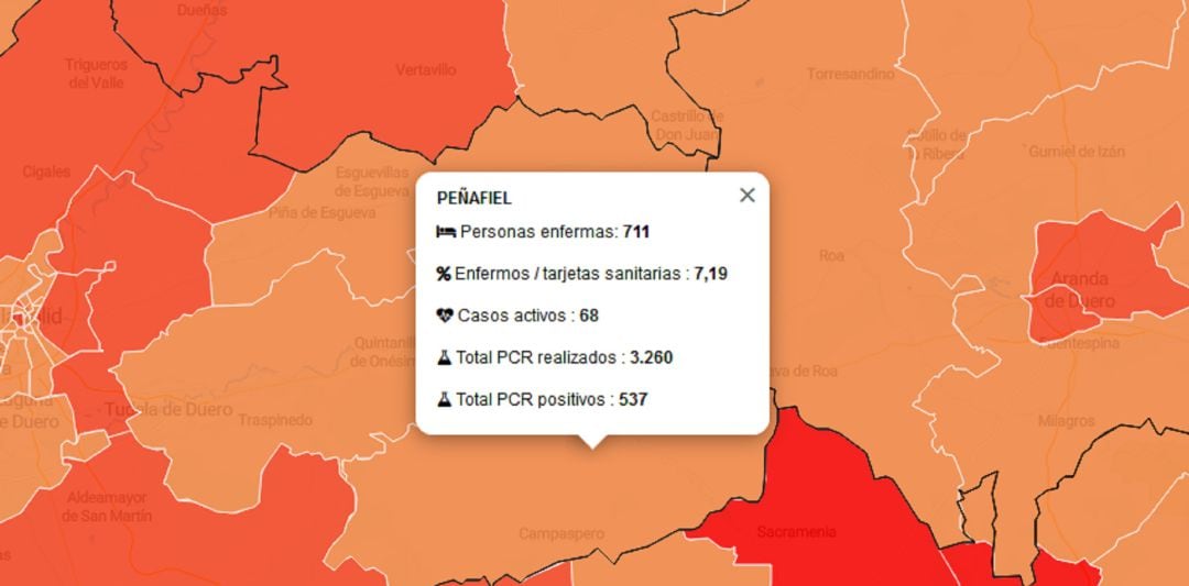 Mapa actualizado de la afección de la Covid-19 en la Zona Básica de Salud de Peñafiel a fecha de miércoles 3 de febrero.