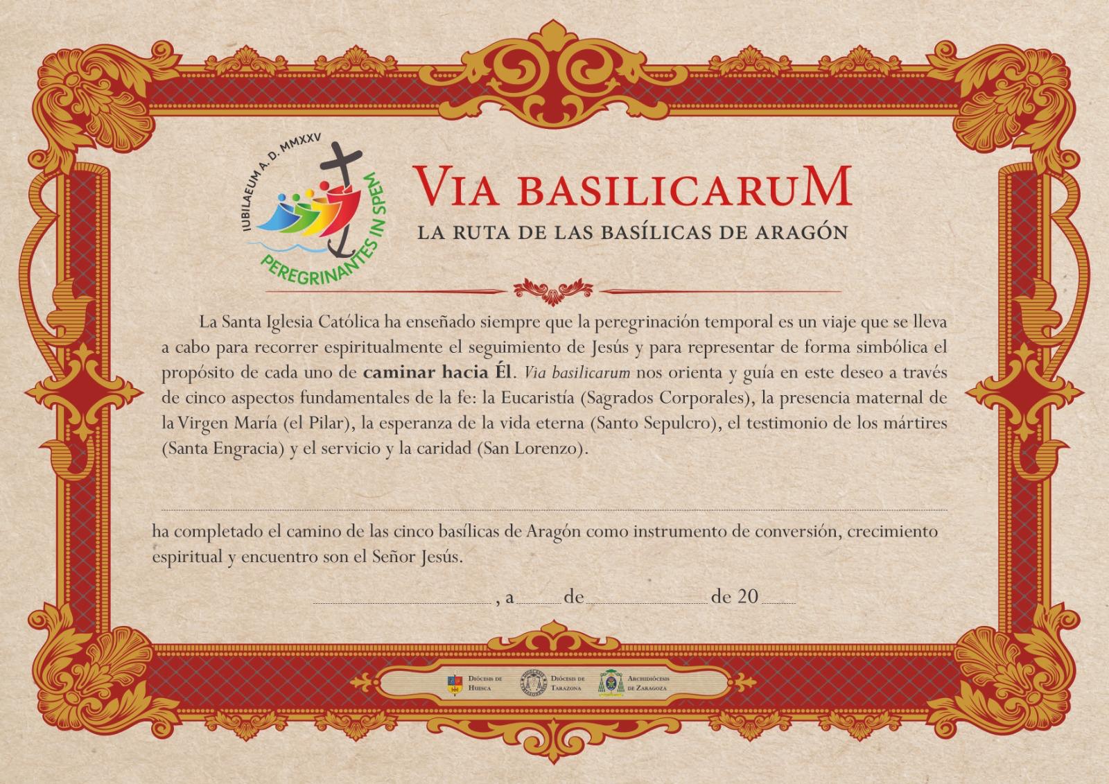 Diploma que se otorga a quien complete la peregrinación por las cinco basílicas de Aragón