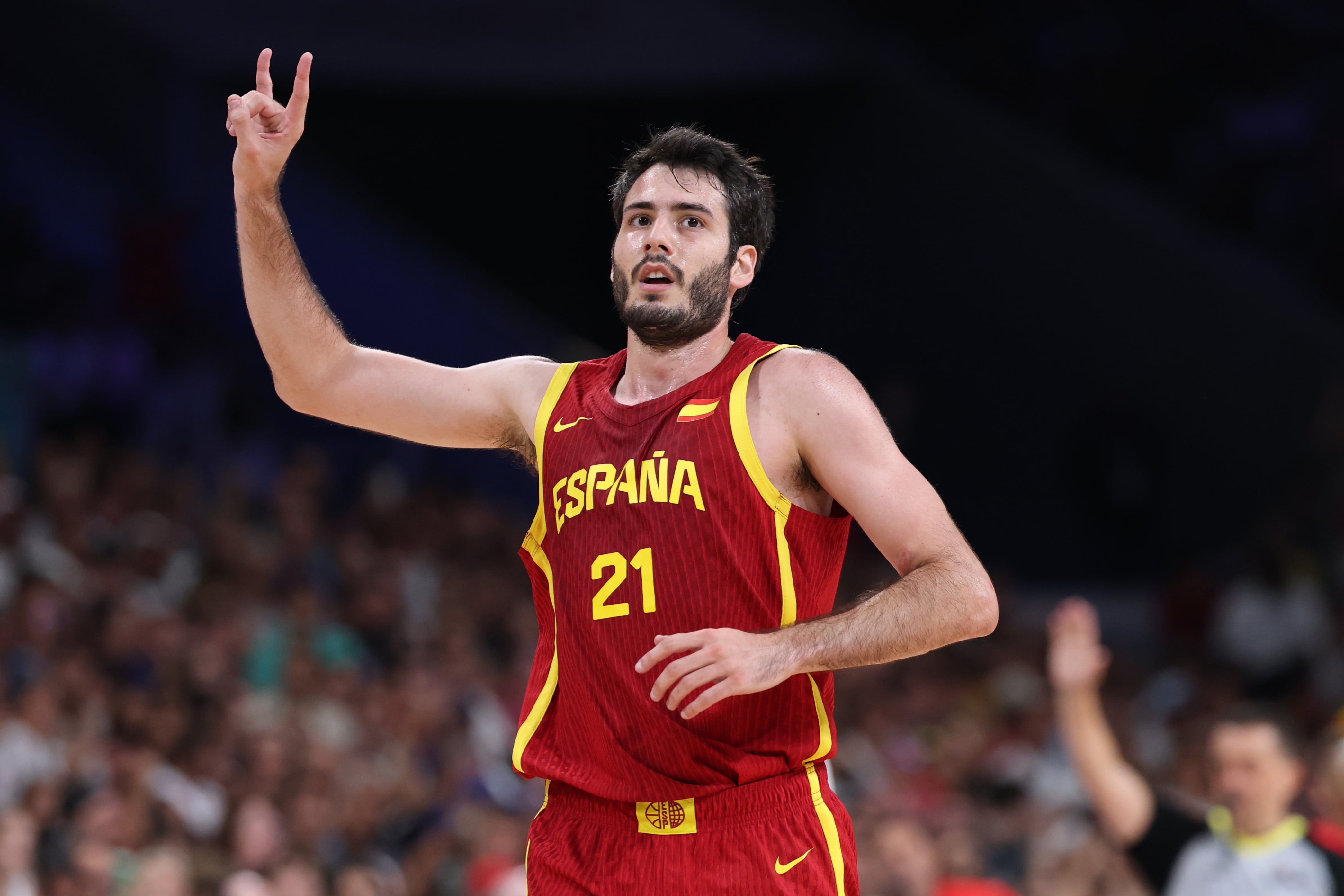 LILLE, FRANCE - AUGUST 02: Alex Abrines #21 of Team Spain reacts after a basket during the Men&#039;s Group Phase - Group A game between Team Canada and Team Spain on day seven of the Olympic Games Paris 2024 at Stade Pierre Mauroy on August 02, 2024 in Lille, France. (Photo by Gregory Shamus/Getty Images)