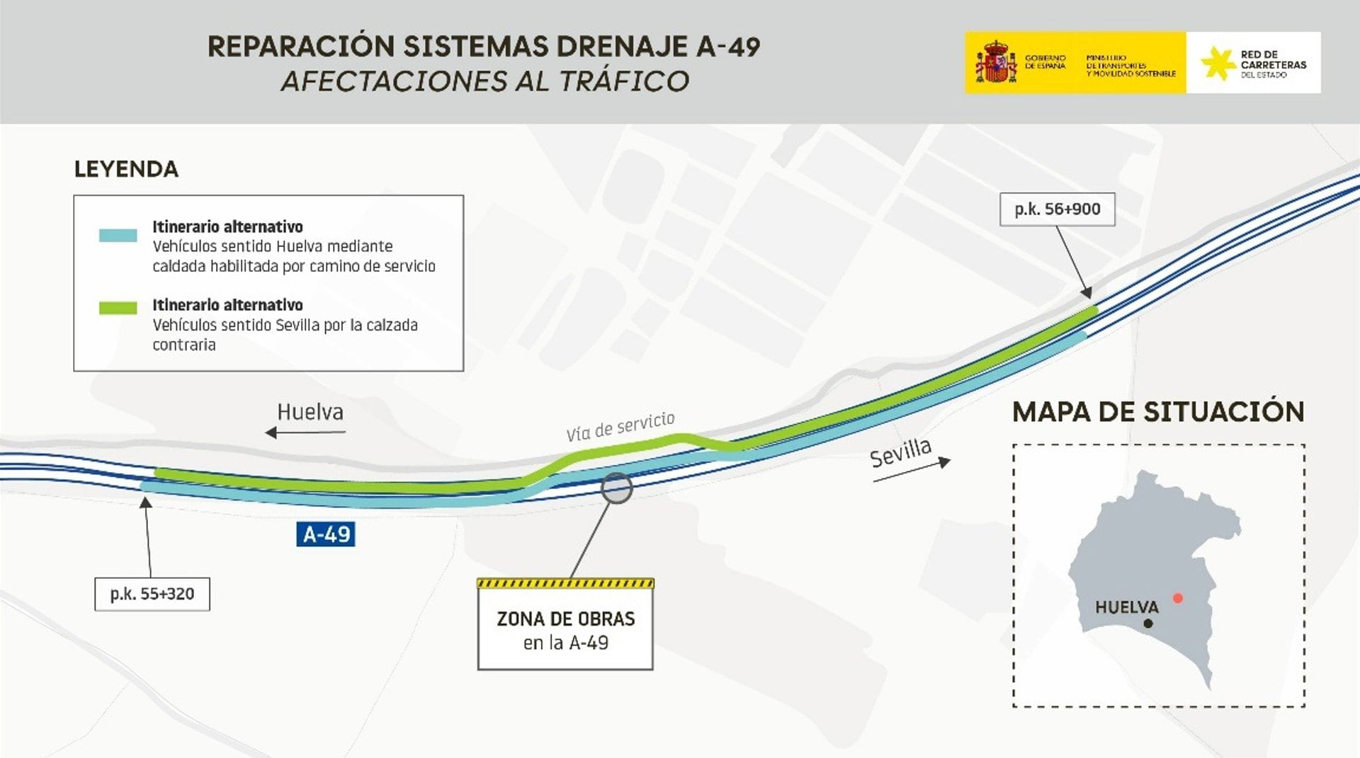 Plano de la A-49 en el que se indica el tramo al que afectarán las obras