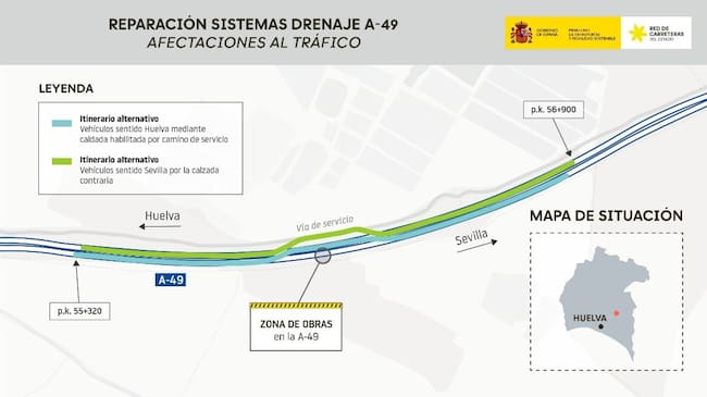 Plano de la A-49 en el que se indica el tramo al que afectarán las obras