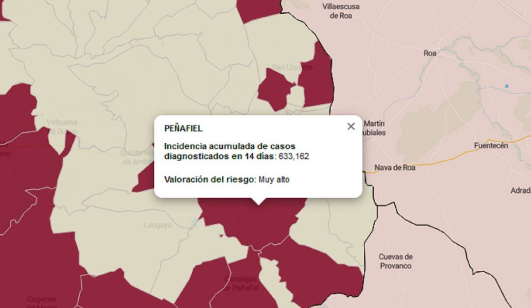 Mapa del Servicio de Epidemiología de la Junta para Peñafiel este miércoles, 18 de agosto.