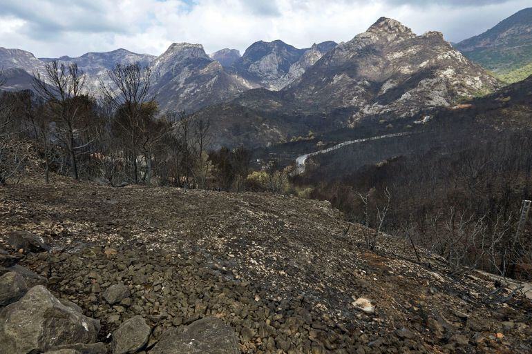 Vista de las montañas que rodean la carretera CV-675, que une las localidades valencianas de Gandía y Barx, devastadas por el incendio forestal de Llutxent. El fuego se encuentra hoy estabilizado aunque aún no ha sido declarado como controlado