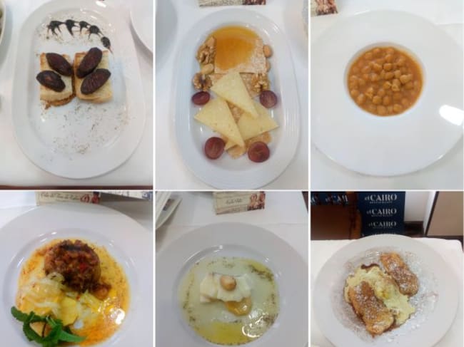 De izquierda a derecha y de arriba a abajo, tosta de pan de masa madre con morcilla, queso manchego con uvas, almendras y miel de la granja, potaje de mamá Murillo, cola de toro de lidia estilo antiguo, lomito de bacalao fresco confitado en aceite de oliv