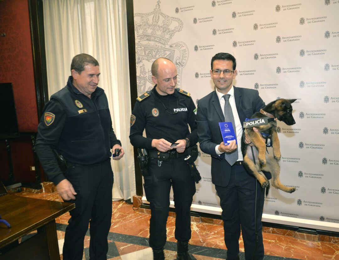 El alcalde de Granada entrega su carné al perro que se incorpora a la Policía Local tras ser rescatado en la calle