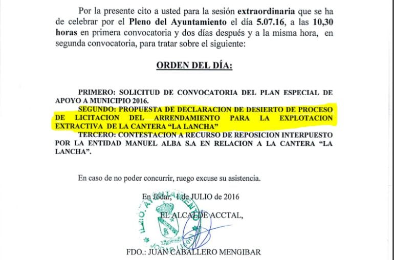 Convocatoria de pleno con la licitación de la cantera &#039;La Lancha&#039;