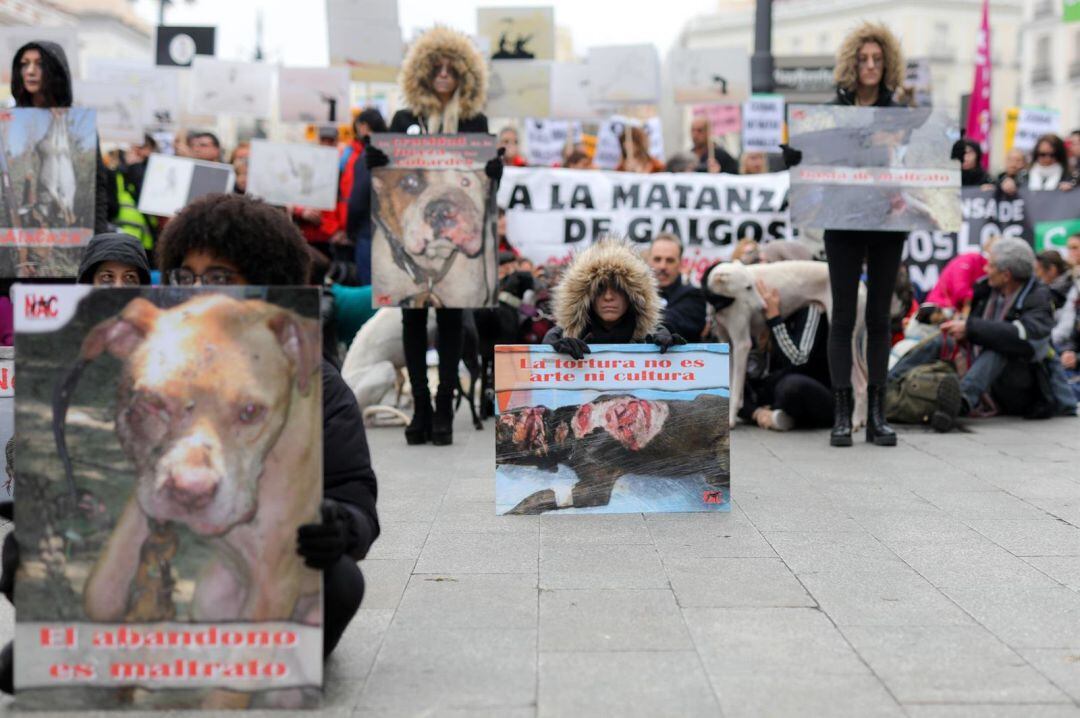 Manifestantes contra el uso de perros para pedir el final de la caza con galgos y otras razas  