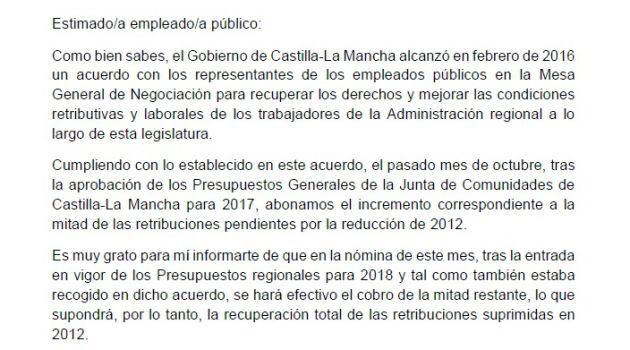 Carta que el presidente, García-Page ha enviado a los empleados públicos de la región