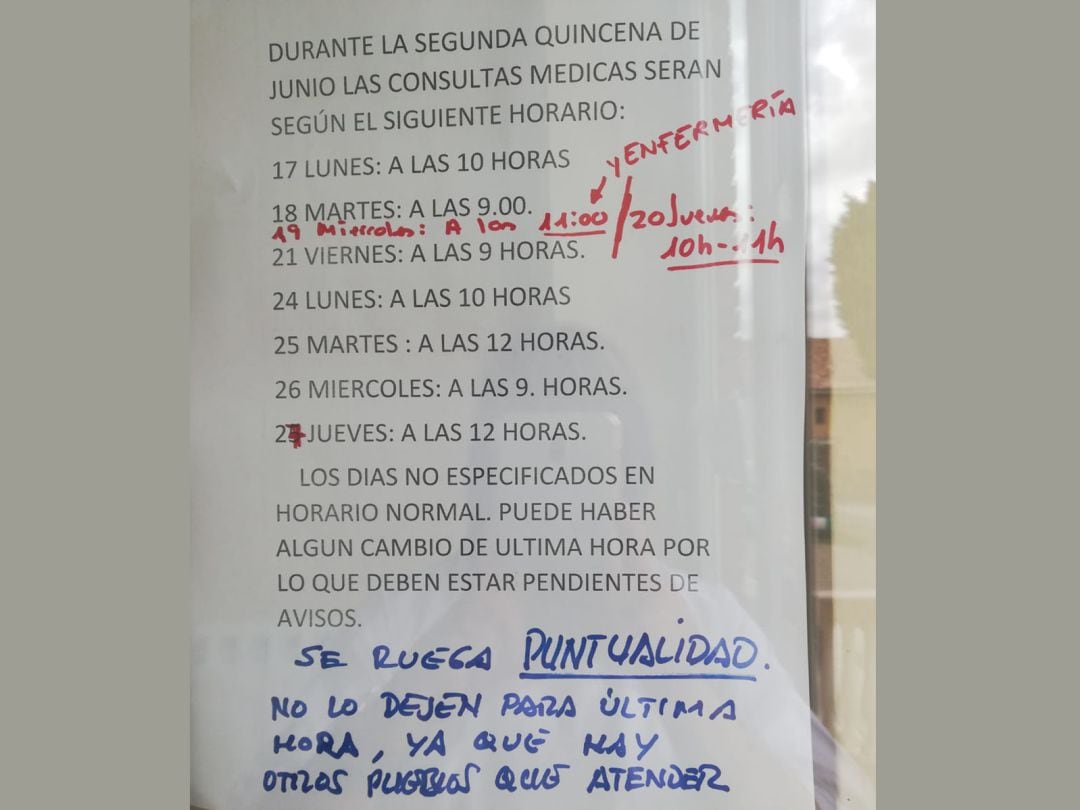 Cartel colocado en el consultorio médico de Peleagonzálo