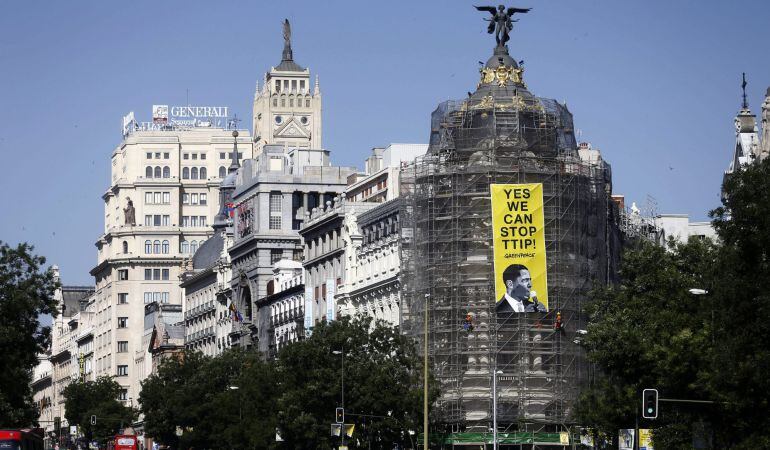 Un cartel contra el TTIP en Madrid, coin motivo de la visita de Obama.