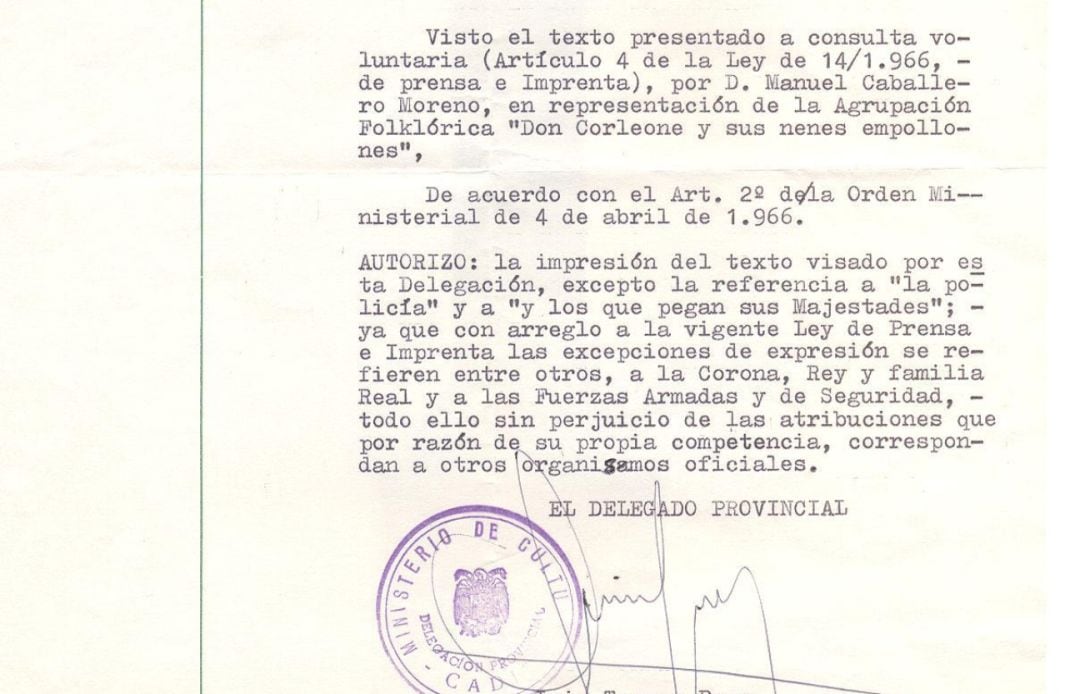 Fragmento del documento visado en el que aparecen las frases censuradas de la chirigota &quot;Don Corleone y sus nenes empollones&quot;