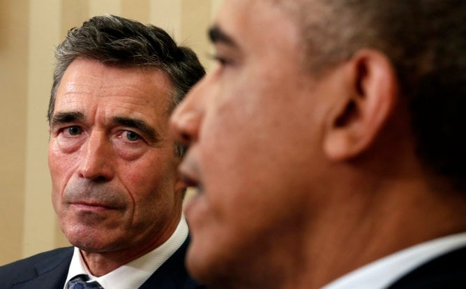 El secretario general de la Alianza del Atlántico Norte (OTAN), Anders Fogh Rasmussen y el presidente de los Estados Unidos, Barack Obama