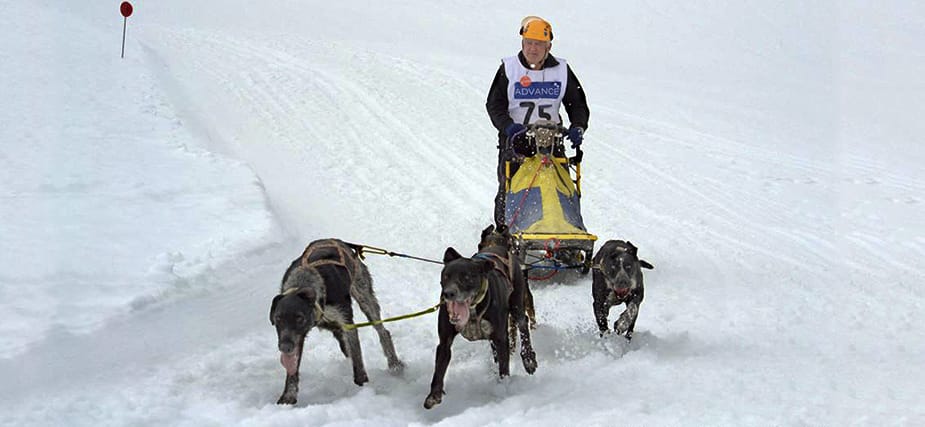 Luis Piñol guiando un trineo sobre nieve