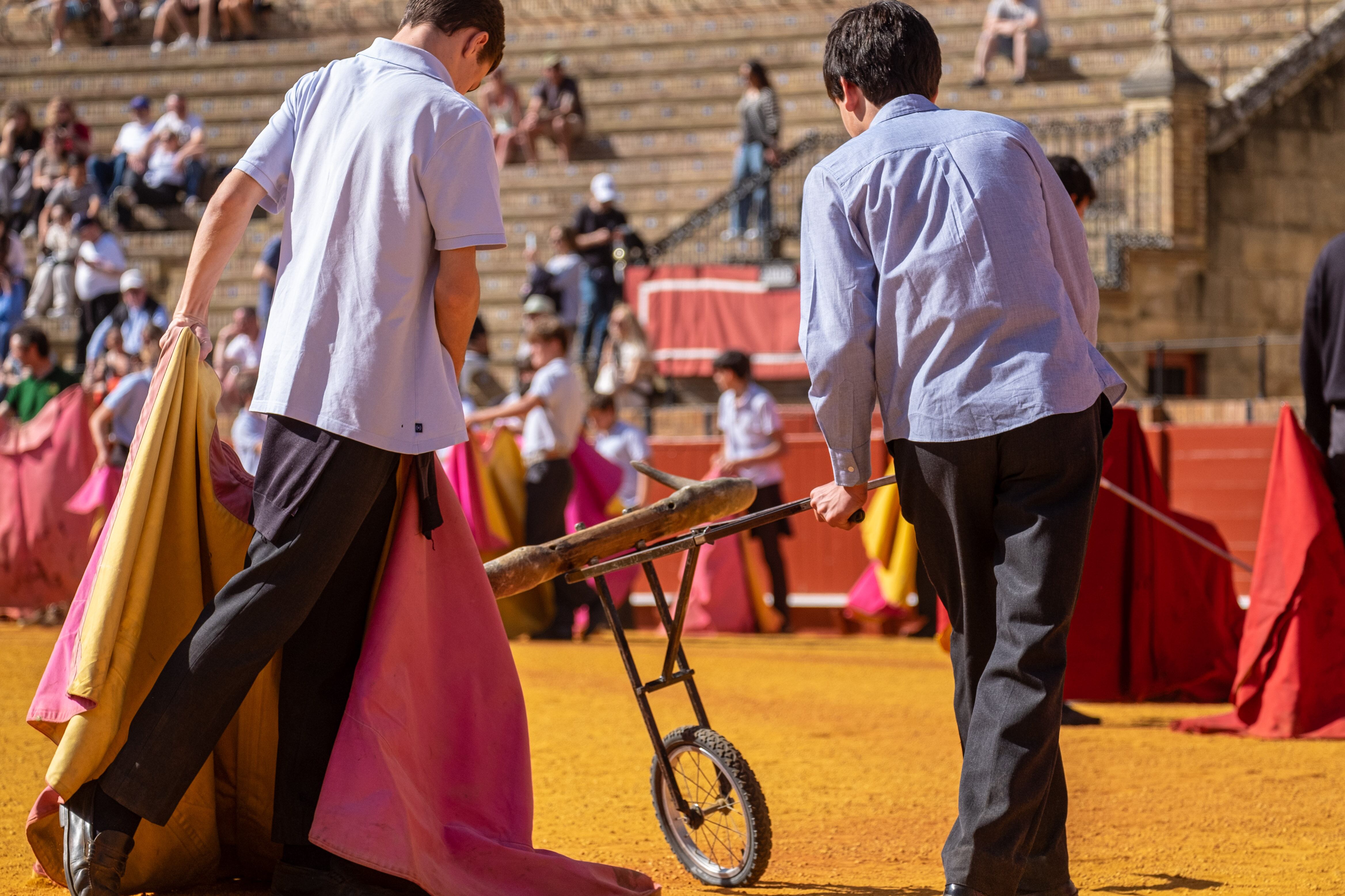 Dos alumnos torean de salón sobre el albero de la Real Maestranza
