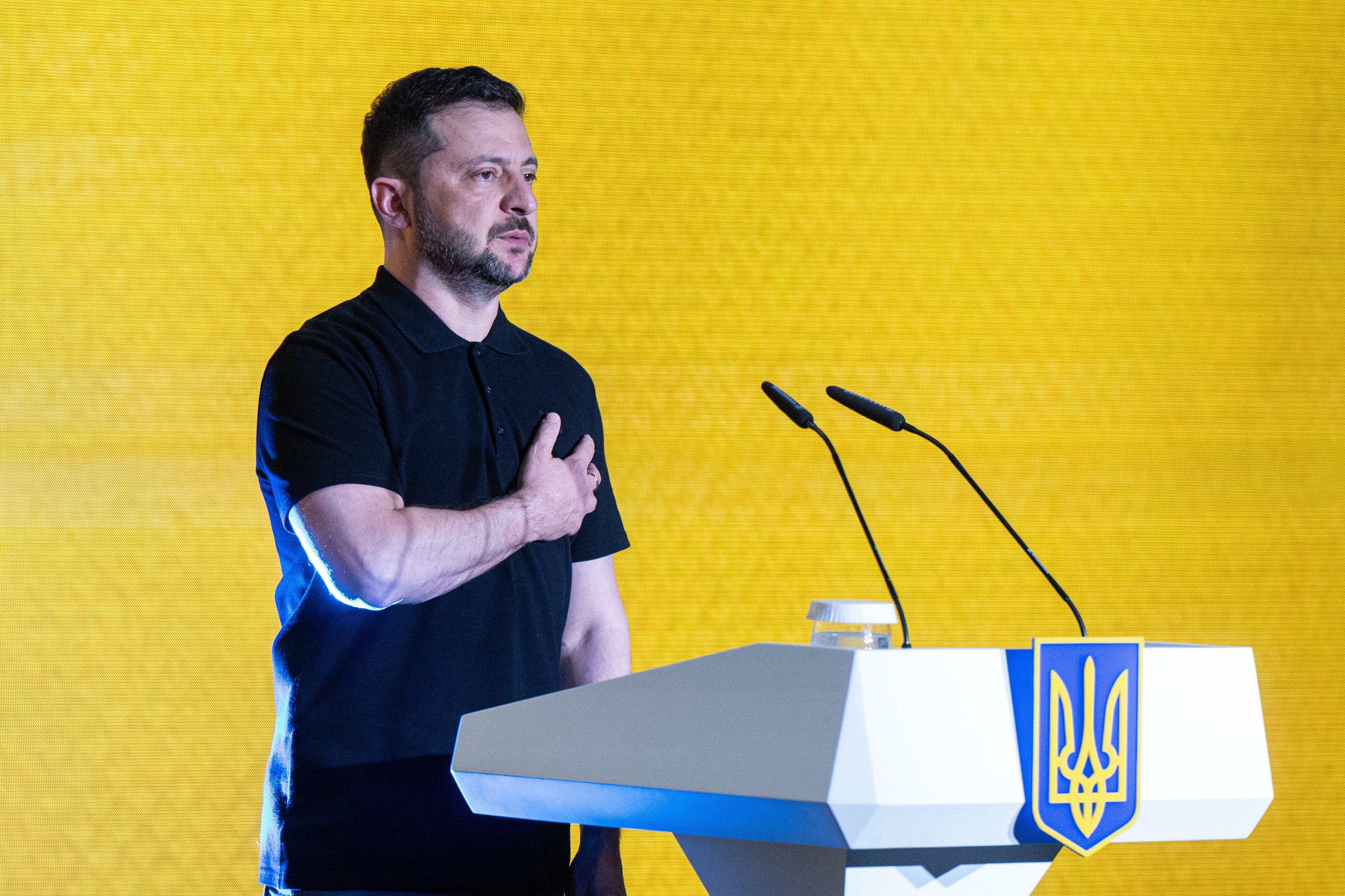 El presidente de Ucrania, Volodimir Zelenski, en un acto en Kiev en este mes de agosto