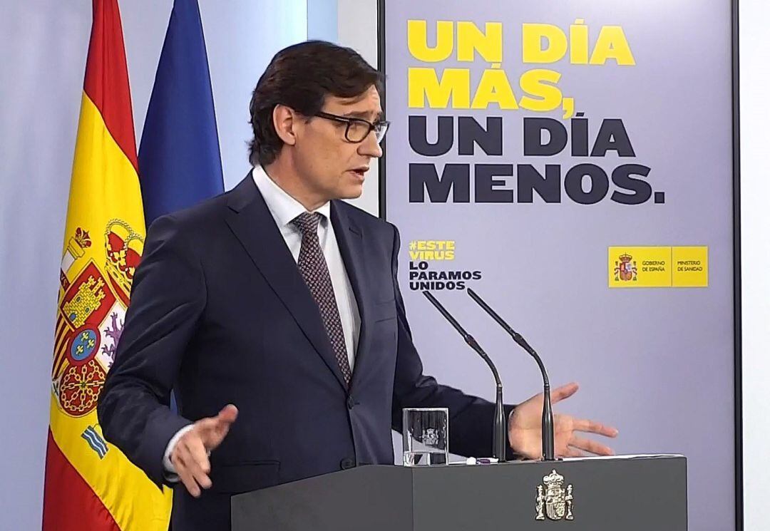 Savador Illa durante la rueda de prensa en La Moncloa este domingo tras la reunión que ha mantenido el Gobierno con las Comunidades autónomas sobre la situación de la pandemia del coronavirus. 