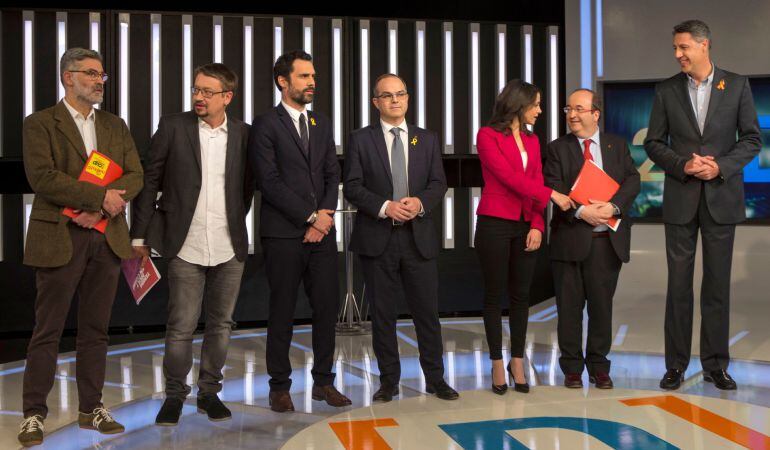 Los candidatos a la Generalitat de Cataluña de las formaciones Junts per Catalunya, Jordi Turull; la CUP, Carles Riera; Ciudadanos ,Inés Arrimadas ; ERC, Roger Torrent; PSC, Miquel Iceta, Catalunya en Comú-Podem ,Xavier Doménech; y del PPC, Xavier García 